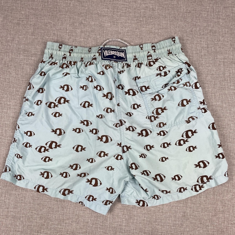 Vilebrequin Swim Trunks Mens Large Blue Brown Fish Print Mesh Lined Shorts